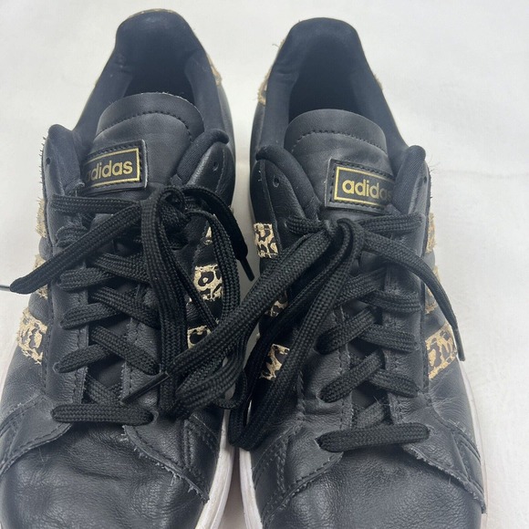 Adidas Shoes Womens 9 Black Leather Cheetah Three Stripe Sneakers Cloudfoam - Picture 5 of 11